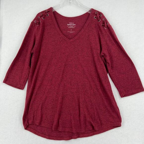 Torrid Super Soft Plush Tunic Top Size 1X Burgundy Red Laced Shoulders V-Neck - Picture 11 of 11